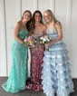 Ball Gown V-neck Tulle Floral Ruffle Tiered Prom Dresses