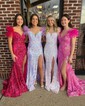 Mermaid Off-the-shoulder Sparkly Sequin Prom Dresses With Feather
