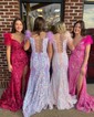 Mermaid Off-the-shoulder Sparkly Sequin Prom Dresses With Feather
