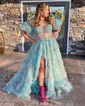 Ball Gown Off-the-shoulder Tulle Floral Prom Dresses With Puff Sleeve