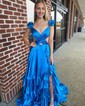 A-line V-neck Satin Cut Out Ruffle Tiered Prom Dresses