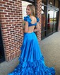 A-line V-neck Satin Cut Out Ruffle Tiered Prom Dresses