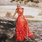 A-line V-neck Satin Cut Out Ruffle Tiered Prom Dresses