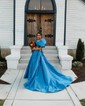 Ball Gown Square Neck Satin Two Piece Prom Dresses With Puff Sleeve