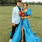 Ball Gown Square Neck Satin Two Piece Prom Dresses With Puff Sleeve