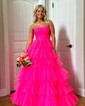 Ball Gown Strapless Tulle Ruffle Tiered Prom Dresses