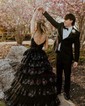 Ball Gown V-neck Tulle Tiered Prom Dresses With Appliques