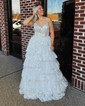 Ball Gown V-neck Tulle Tiered Prom Dresses With Appliques