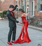 Unique Sheath/Column Satin Sweetheart Ruched Split Prom Dresses