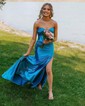 Unique Sheath/Column Satin Sweetheart Ruched Split Prom Dresses