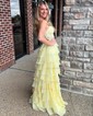 Ball Gown Strapless Chiffon Ruffle Tiered Prom Dresses With Appliques