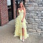 Ball Gown Strapless Chiffon Ruffle Tiered Prom Dresses With Appliques