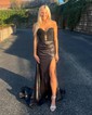 Sheath/Column Strapless Satin Cut Out Prom Dresses With Appliques