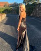 Sheath/Column Strapless Satin Cut Out Prom Dresses With Appliques