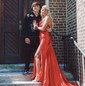 Sheath/Column Strapless Satin Cut Out Prom Dresses With Appliques
