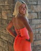 Sheath/Column Strapless Satin Beaded Prom Dresses With Ruffle