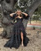 Ball Gown Sweetheart Tulle Puff Sleeve Tiered Prom Dresses
