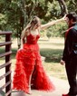 Ball Gown V-neck Tulle Tiered Prom Dresses With Appliques