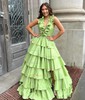 Ball Gown Halter Taffeta Backless Ruffle Tiered Prom Dresses