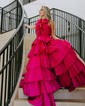 Ball Gown Halter Taffeta Backless Ruffle Tiered Prom Dresses