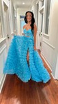 Ball Gown Strapless Tulle Floral Ruffle Tiered Prom Dresses