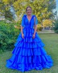 Ball Gown V-neck Tulle Backless Tiered Prom Dresses With Bow