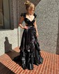 A-line V-neck Satin Cut Out Ruffle Tiered Prom Dresses