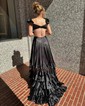 A-line V-neck Satin Cut Out Ruffle Tiered Prom Dresses