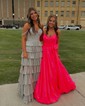 Ball Gown Off-the-shoulder Satin Tiered Prom Dresses With Beading