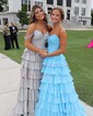 Ball Gown Off-the-shoulder Satin Tiered Prom Dresses With Beading