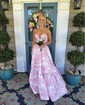 Ball Gown Strapless Satin Floral Prom Dresses With Ruched