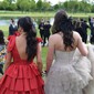 Ball Gown V-neck Taffeta Ruffle Tiered Prom Dresses