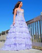 Ball Gown V-neck Tulle Tiered Prom Dresses With Appliques