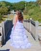 Ball Gown V-neck Tulle Tiered Prom Dresses With Appliques