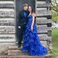 Ball Gown V-neck Tulle Tiered Prom Dresses With Appliques