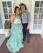 Ball Gown V-neck Tulle Tiered Prom Dresses With Appliques