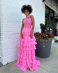 Ball Gown High Neck Chiffon Tiered Prom Dresses With Appliques