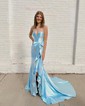 Sheath/Column V-neck Satin Corset Prom Dresses With Bow