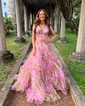 Ball Gown V-neck Tulle Two Piece Floral Prom Dresses With Ruffle