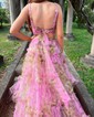 Ball Gown V-neck Tulle Two Piece Floral Prom Dresses With Ruffle