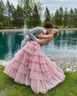 Ball Gown Strapless Tulle Ruffle Tiered Prom Dresses