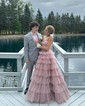 Ball Gown Strapless Tulle Ruffle Tiered Prom Dresses