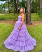 Ball Gown Strapless Tulle Ruffle Tiered Prom Dresses