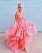 Princess Square Neck Tulle Ruffle Prom Dresses With Appliques