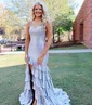 Mermaid Scoop Neck Satin Tiered Prom Dresses With Beading