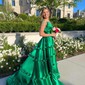 A-line V-neck Satin Backless Ruffle Prom Dresses