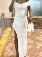 Sheath/Column Off-the-shoulder Stretch Crepe Floor-length Ruched Formal Dresses