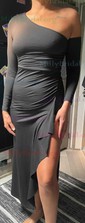 Sheath/Column Asymmetrical Neck Stretch Crepe Floor-length Split Front Formal Dresses