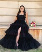 Ball Gown Strapless Tulle Ruffle Tiered Prom Dresses