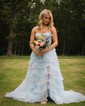 Ball Gown V-neck Tulle Tiered Prom Dresses With Appliques